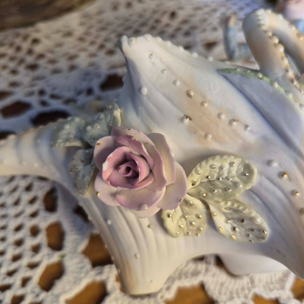 Vintage Pastel Porcelain Elf on a Shell Trinket Dish Planter - Picture 9 of 15